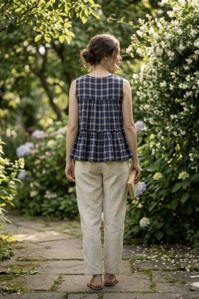 Blue Checkered Design Linen Top & Bottom Set (ACA7707)