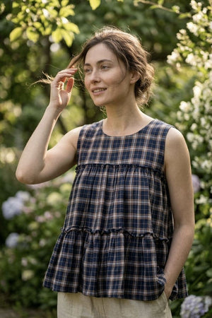Blue Checkered Design Linen Top & Bottom Set (ACA7707)