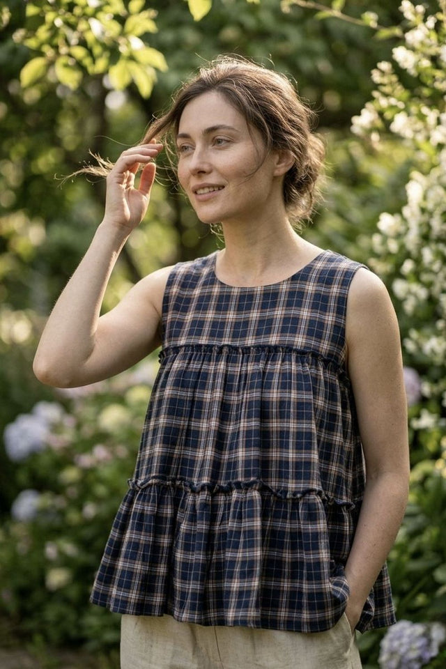 Blue Checkered Design Linen Top & Bottom Set (ACA7707)