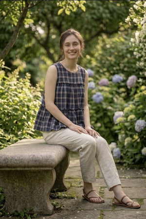 Blue Checkered Design Linen Top & Bottom Set (ACA7707)