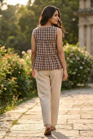 Brown Checkered Design Linen Top & Bottom Set (ACA7708)