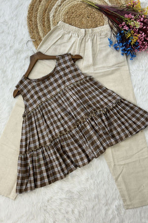Brown Checkered Design Linen Top & Bottom Set (ACA7708)
