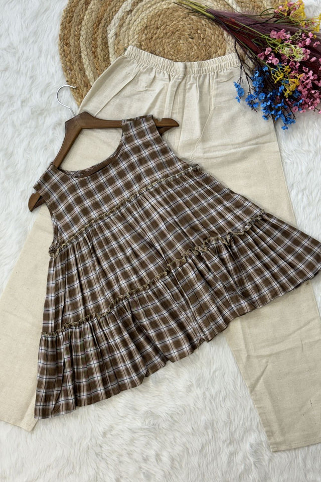 Brown Checkered Design Linen Top & Bottom Set (ACA7708)