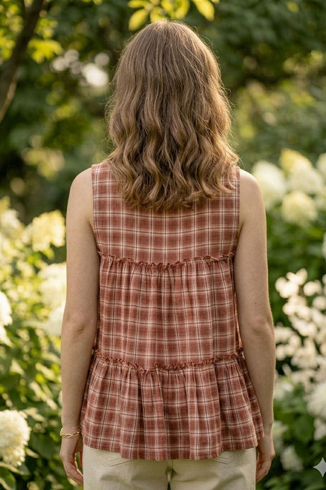Maroon Checkered Design Linen Top & Bottom Set (ACA7709)