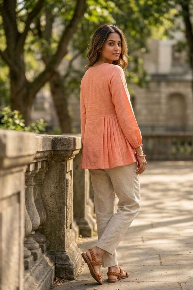 Peach Solid Linen Top & Bottom Set (ACA7711)