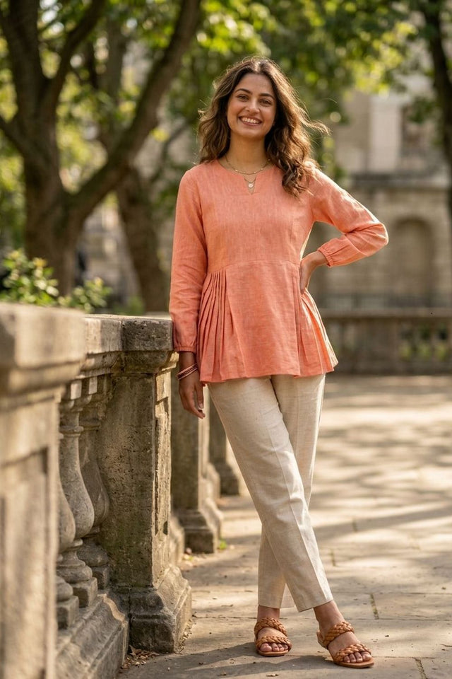 Peach Solid Linen Top & Bottom Set (ACA7711)