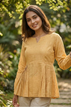 Yellow Solid Linen Top & Bottom Set (ACA7712)