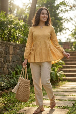 Yellow Solid Linen Top & Bottom Set (ACA7712)