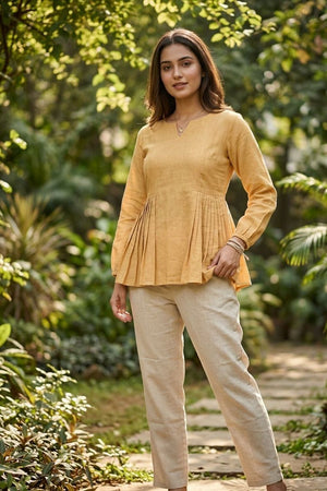 Yellow Solid Linen Top & Bottom Set (ACA7712)