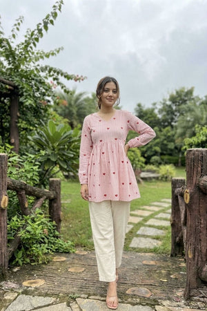 Pink Embroidered Cotton Top & Bottom Set (ACA7713)