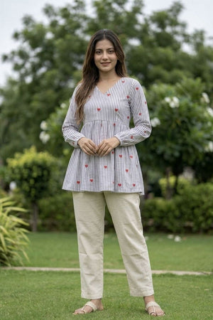 Blue Embroidered Cotton Top & Bottom Set (ACA7714)
