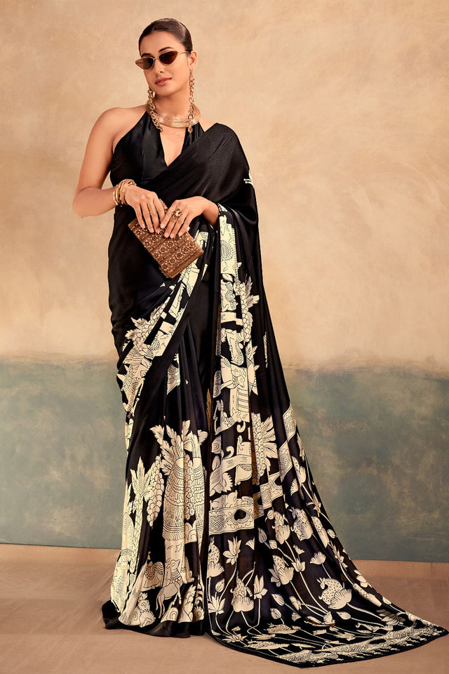 Turquoise Kalamkari Printed Satin Saree (ACA7720)