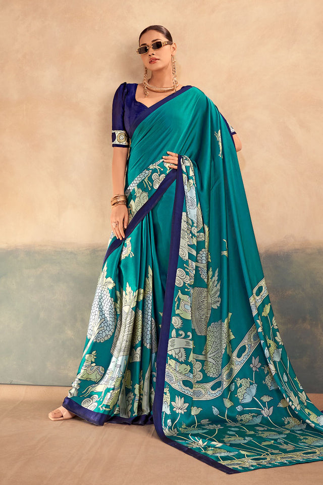 Blue Kalamkari Printed Satin Saree (ACA7721)