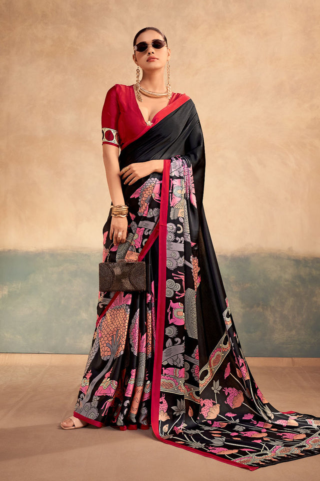 Black Kalamkari Printed Satin Saree (ACA7722)