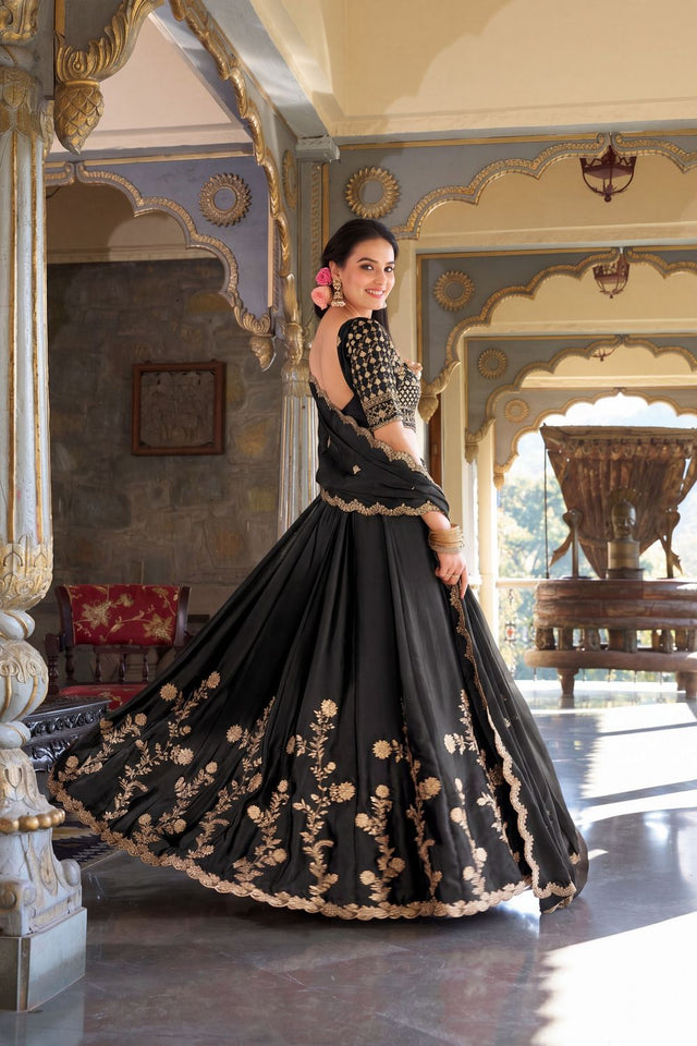 Black Floral Embroidered Silk Lehenga (ACA7739)