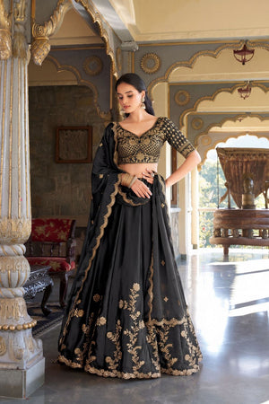 Black Floral Embroidered Silk Lehenga (ACA7739)