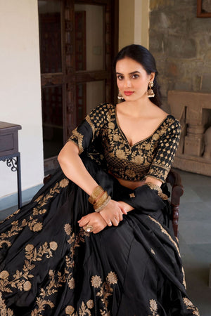 Black Floral Embroidered Silk Lehenga (ACA7739)