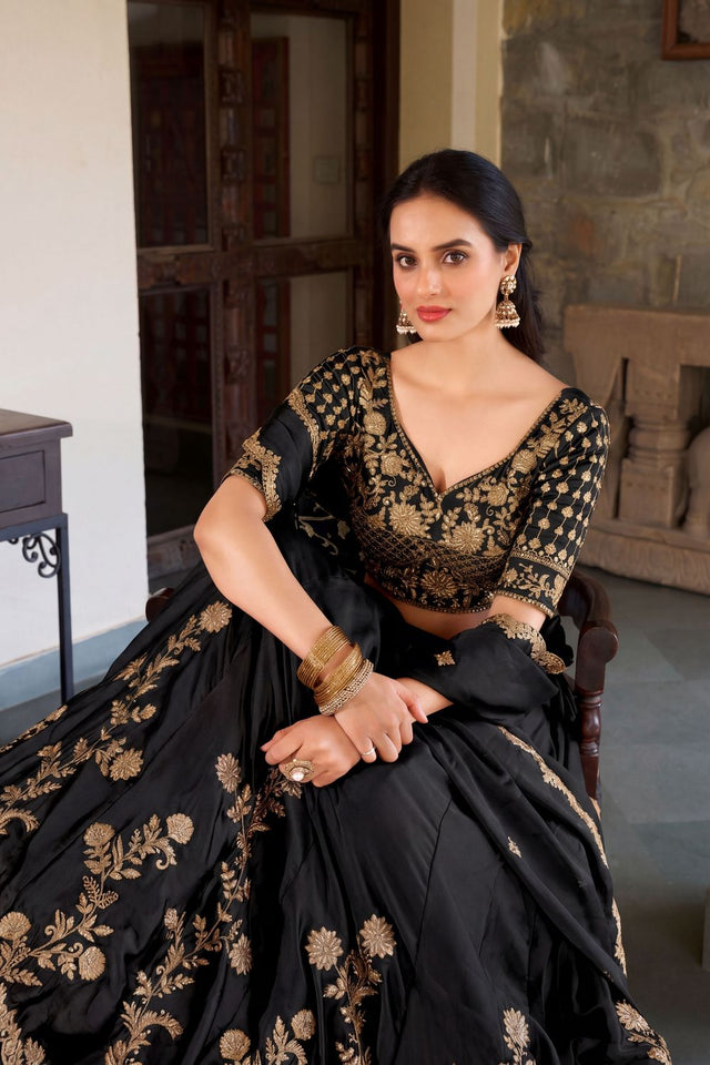 Black Floral Embroidered Silk Lehenga (ACA7739)
