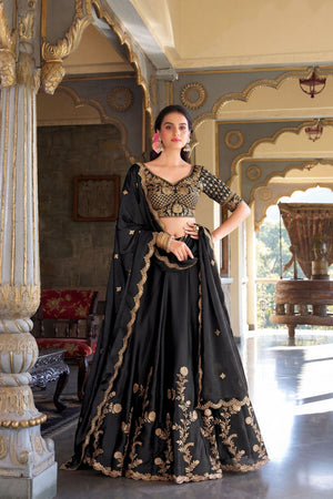 Black Floral Embroidered Silk Lehenga (ACA7739)