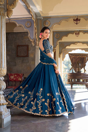 Turquoise Floral Embroidered Silk Lehenga (ACA7740)