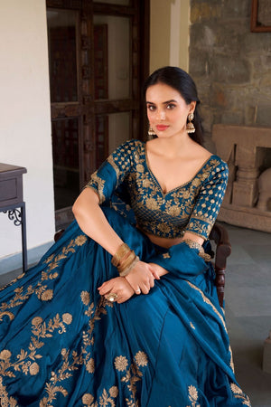 Turquoise Floral Embroidered Silk Lehenga (ACA7740)