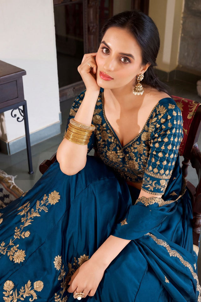 Turquoise Floral Embroidered Silk Lehenga (ACA7740)