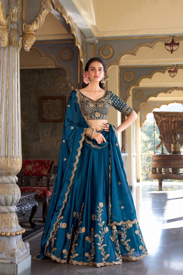 Turquoise Floral Embroidered Silk Lehenga (ACA7740)