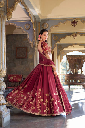 Maroon Floral Embroidered Silk Lehenga (ACA7741)