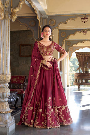 Maroon Floral Embroidered Silk Lehenga (ACA7741)