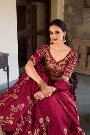 Maroon Floral Embroidered Silk Lehenga (ACA7741)