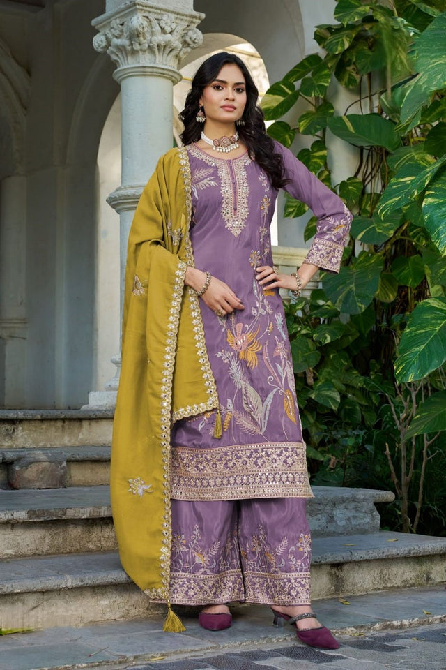 Lavender Sequin with Embroidered Shimmer Palazzo Suit (ACA7742)
