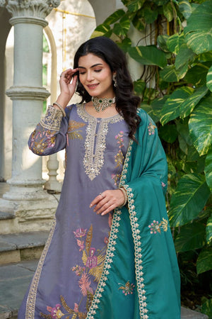 Purple Sequin with Embroidered Shimmer Palazzo Suit (ACA7745)