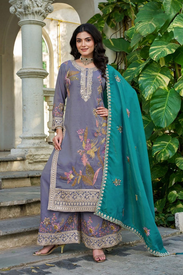 Purple Sequin with Embroidered Shimmer Palazzo Suit (ACA7745)