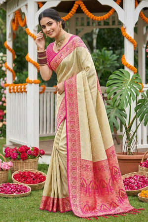Cream Woven Soft Silk Saree (ACA7752)