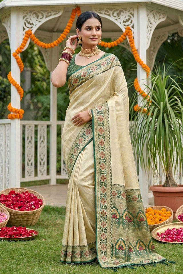 Cream Woven Soft Silk Saree (ACA7753)