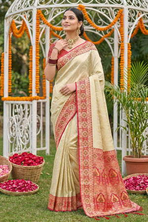 Cream Woven Soft Silk Saree (ACA7754)