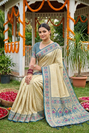 Cream Woven Soft Silk Saree (ACA7756)
