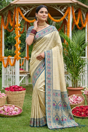 Cream Woven Soft Silk Saree (ACA7756)