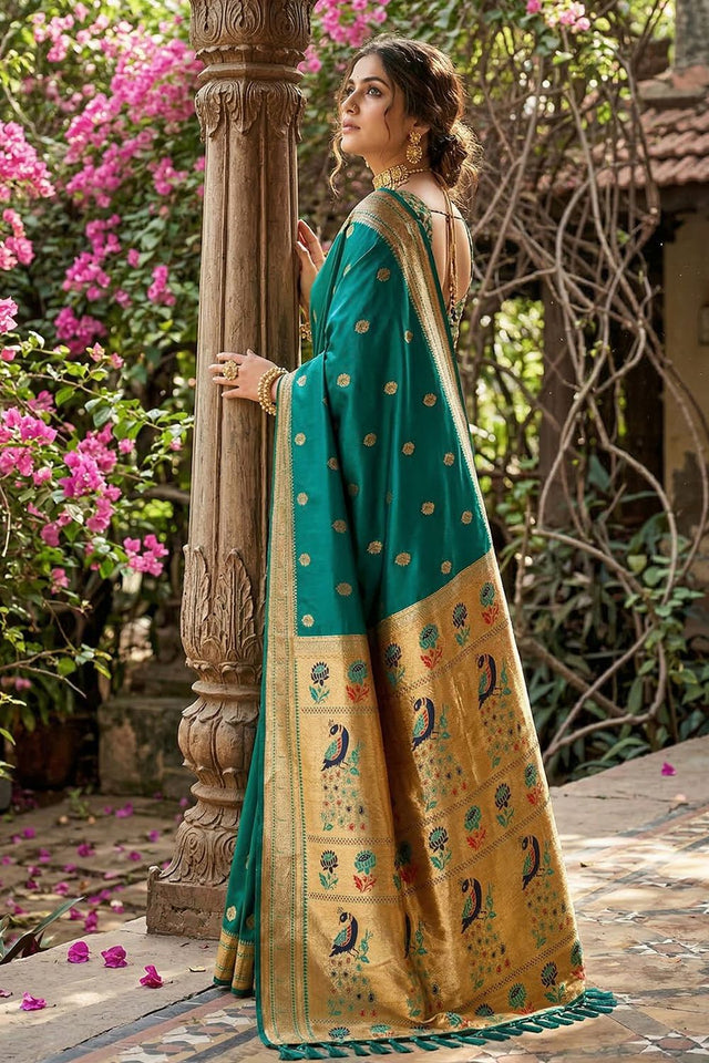 Turquoise Woven Soft Silk Saree (ACA7757)