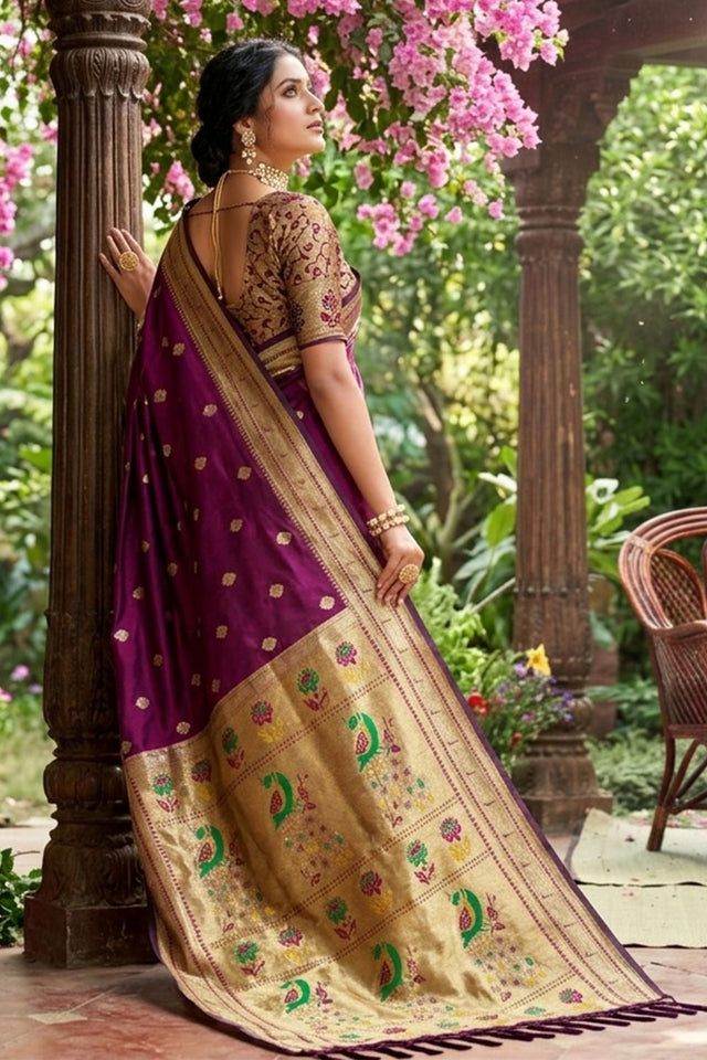 Wine Woven Soft Silk Saree (ACA7762)