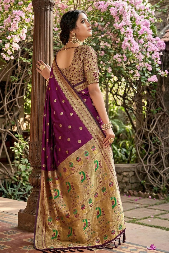 Wine Woven Soft Silk Saree (ACA7762)