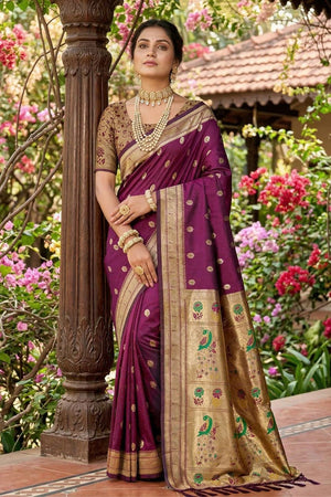 Wine Woven Soft Silk Saree (ACA7762)