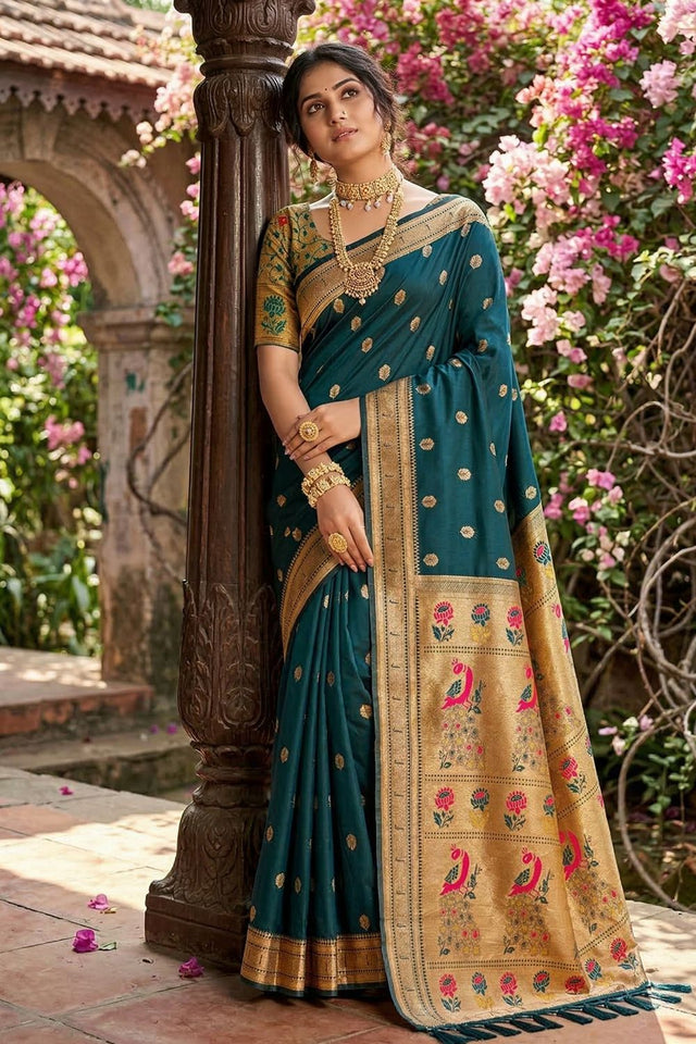 Turquoise Woven Soft Silk Saree (ACA7763)