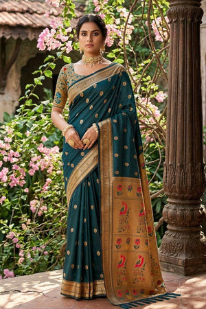 Turquoise Woven Soft Silk Saree (ACA7763)
