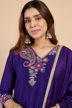 Purple Embroidered Silk Blend Straight Cut Suits (ACA7765)