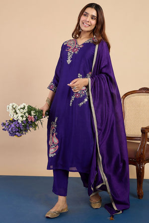 Purple Embroidered Silk Blend Straight Cut Suits (ACA7765)