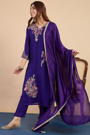 Purple Embroidered Silk Blend Straight Cut Suits (ACA7765)