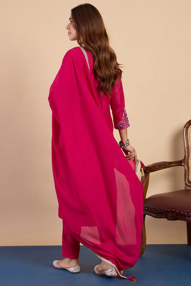 Pink Embroidered Silk Blend Straight Cut Suits (ACA7766)