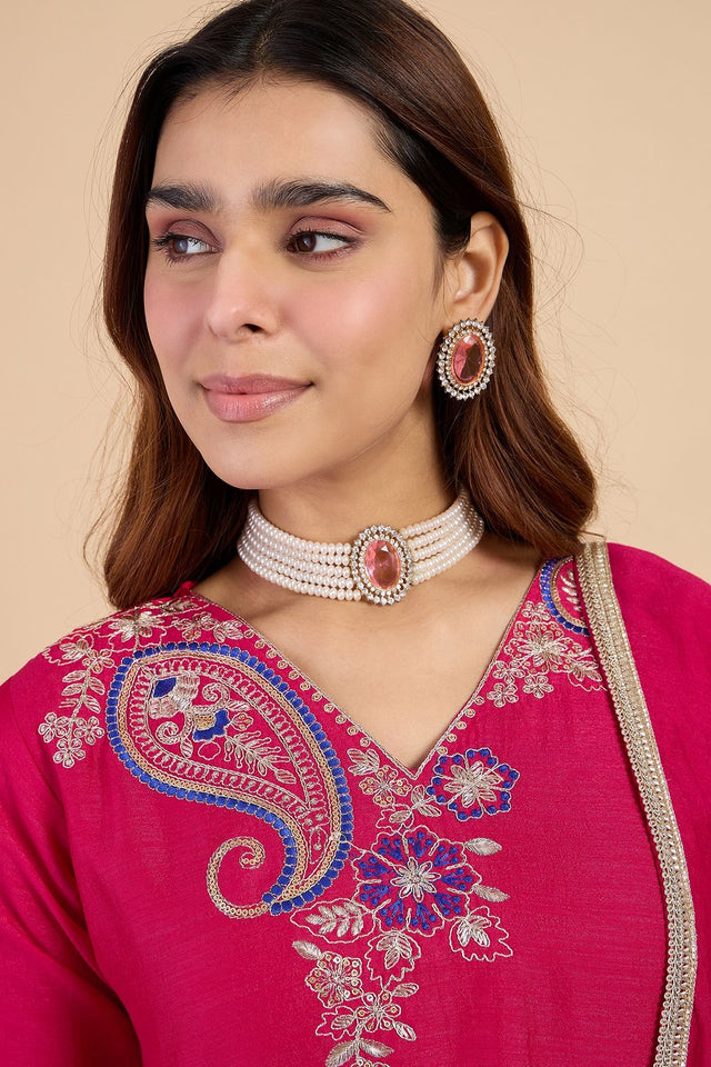 Pink Embroidered Silk Blend Straight Cut Suits (ACA7766)