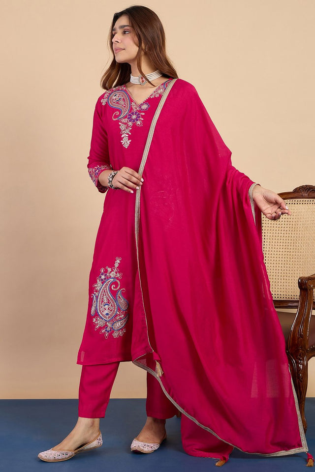 Pink Embroidered Silk Blend Straight Cut Suits (ACA7766)